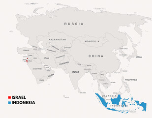 Indonesia and Israel Highlighted on Asia Map Showing Borders and Geographic Locations