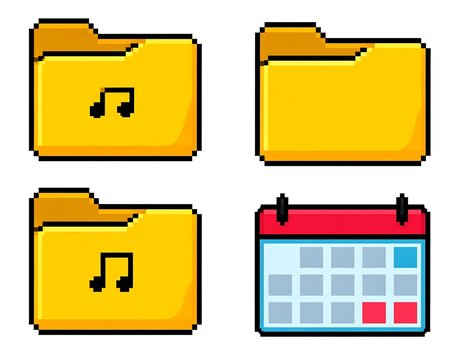 Four pixel art icons of folders and a calendar