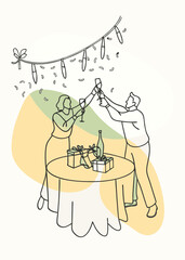 Obraz premium A couple celebrates a special occasion with champagne toasts and gifts on a decorated table under festive lights and confetti