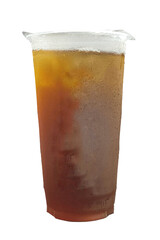 Refreshing ice tea in plastic cups on white background
