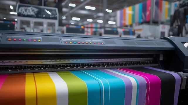 Large-Format Printer Producing Colorful Banner in Print Shop