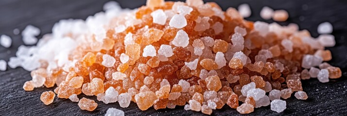 Himalayan pink salt crystals pile on black slate, macro photograph.