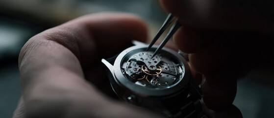 Closeup of Watchmaker Repairing Mechanical Watch Movement with Tweezers, Precision Craftsmanship and Timepiece Restoration