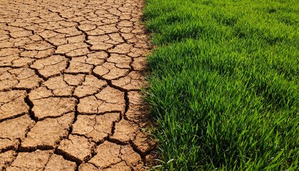 Juxtaposition of cracked, dry earth and lush green grass, showcasing contrasting environmental conditions.