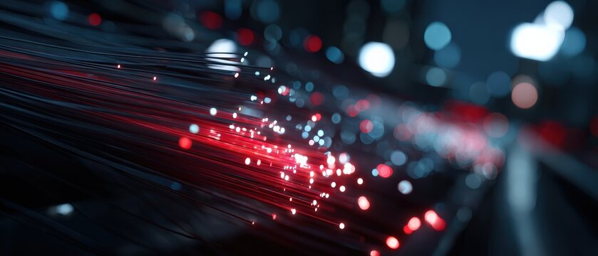 Fiber Optic Cables transmitting data with red light, abstract technology background for fast internet connection and network communication
