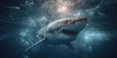 Naklejka premium Oceanic shark, bottom view. Open dangerous mouth with many teeth. Underwater blue