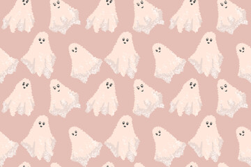 Seamless vector pattern of fluffy beige ghosts with cute faces on a warm dusty pink background. Halloween decor, kids prints, wrapping paper and seasonal design