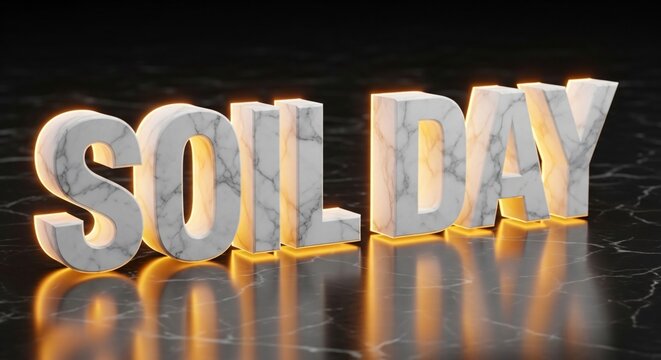 Elegant marble letters spell SOIL DAY with warm glowing light on a reflective dark surface