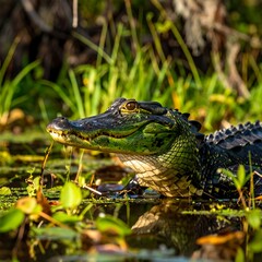 Obraz premium Close-up of a young alligator in swampy water