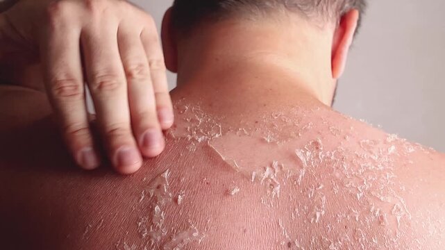Close up footage of sunburn on the skin. Man scratches his back after burning the sun. Dry skin in need of treatment and hydration.