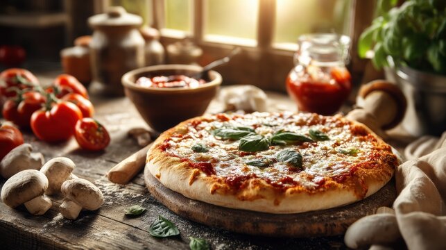 Rustic pizza making scene with bubbling cheese and basil on wooden table, fresh ingredients like tomatoes mushrooms tomato sauce, natural light for cooking blog, recipe book, kitchen decor