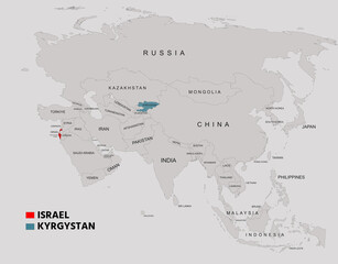 Fototapeta premium Kyrgyzstan and Israel Country Map with Borders and Geographic Overview