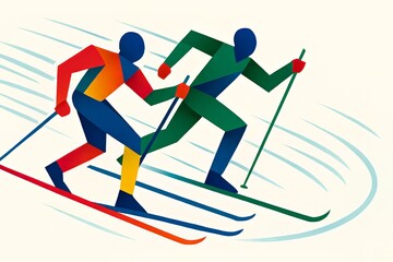 Milan Cortina 2026 Winter Olympics stylized artwork of skiing athletes racing in colorful abstract forms with dynamic motion