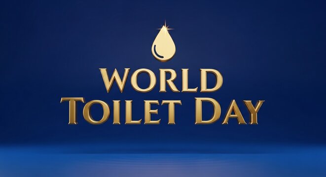World Toilet Day golden text with water drop symbol on a blue background for awareness - Powered by Adobe