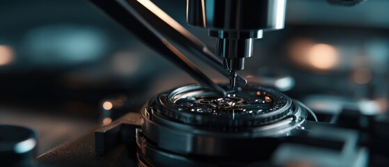 Closeup of watchmaker repairing intricate watch mechanism with precision tools in a workshop Concept of craftsmanship, horology, and luxury