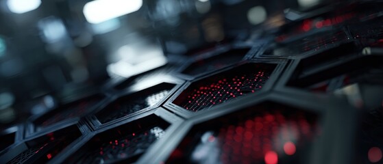 Abstract dark futuristic technology background with glowing red lights and hexagonal grid pattern Concept of artificial intelligence, data processing, and modern innovation