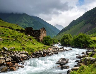 Mountain valley with river and old house