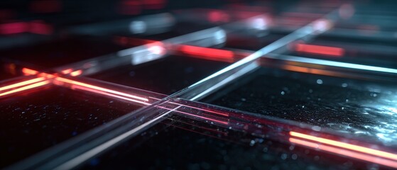 Fototapeta premium Abstract glowing grid with red and blue neon lights, futuristic technology background with geometric shapes and dark surface, concept of modern design and innovation