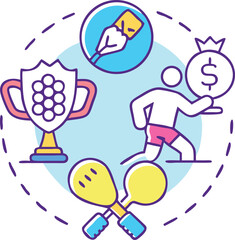Dynamic motion icon of pickleball player silhouette running, paddle hitting ball, trophy and handshake icons floating.