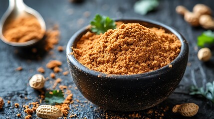 Groundnut chutney peanut masala powder in spoon and bowl