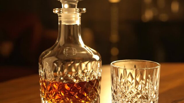 A whiskey decanter with a glass on a wood surface The decanter is partially filled with whiskey