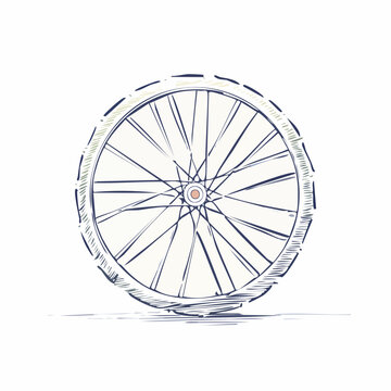 A hand-drawn sketch of a bicycle wheel with spokes, tire, and rim, presented on a white background