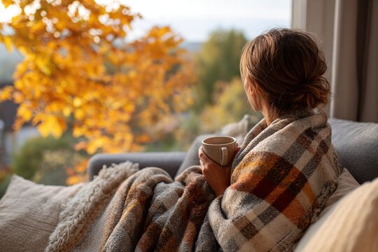 Enjoying a cozy autumn morning while sipping coffee in a warm blanket by the window - Powered by Adobe