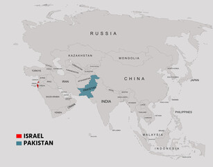 Pakistan and Israel Country Map Showing Borders and Geographic Regions