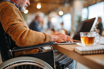 Elderly man in wheelchair using laptop at cafe
