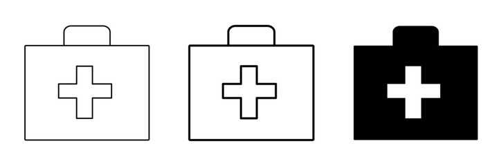 medical first aid kit bag icons with cross symbol, healthcare emergency box illustration, simple black and white style isolated on transparent background