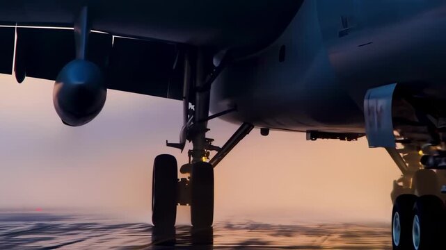 B-52 Stratofortress landing on an airbase runway in morning light