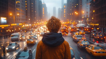 Fototapeta premium Beneath a moody sky, a lone figure reflects on the vibrant chaos of city traffic and glowing lights