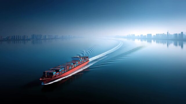Container Ship Sailing Under City Skyline