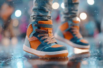 Colorful high-top sneakers on wet pavement