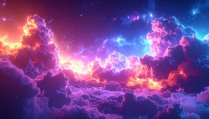 A vibrant abstract background of neon particle clouds floating in glowing energy. Cosmic dust and futuristic aura create a mesmerizing, colorful, and sci-fi inspired design.