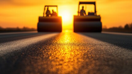 Two steamrollers work on a freshly paved road under a vibrant sunset, creating a striking contrast of light and shadow.