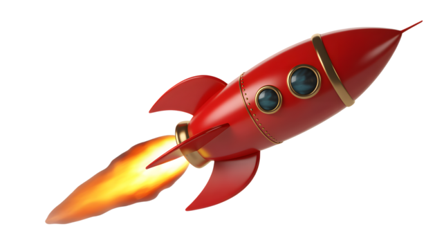Retro red rocket blasting off with vibrant flames, symbolizing innovation and speed