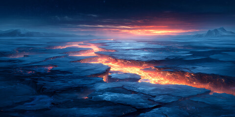 Fototapeta premium surreal landscape icy desert merging with lava river fantasy scenery