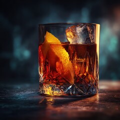 Elegant Amber Cocktail with Orange Twist and Large Ice Cube in a Cut Glass on a Dark Bar
