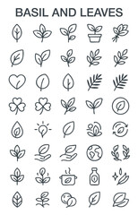 Set of Flat Line Art Icons of Plants and Leaves