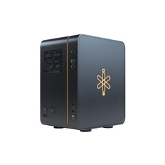 Obraz premium Sleek Dark Gray Computer Server with Golden Accents and Illuminated Logo