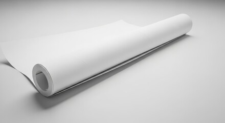 A roll of pristine white paper unfurls on a light gray surface, showcasing smooth texture and potential
