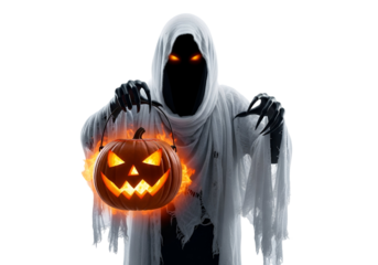 A shadowy figure in a white shroud holds a glowing carved pumpkin, illuminated by fiery flames, against a stark black background.