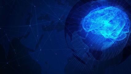 Futuristic Blue Brain Illustration on Dark Global Network Background