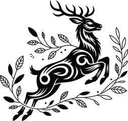 Obraz premium Black leaping stag with decorative branches and leaves