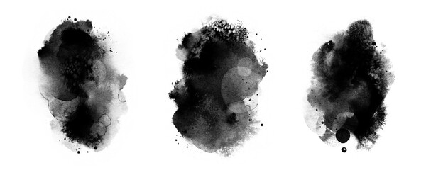 Abstract ink blob set, grunge art. Black paint stroke texture in marble style. Wallpaper design. Hand drawn watercolor isolated illustration