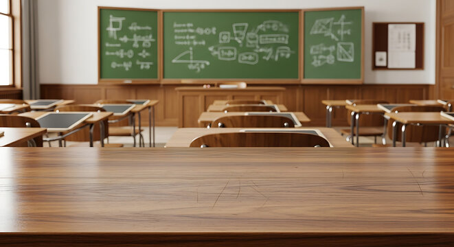 Empty vintage classroom with wooden desks in a row and a chalkboard with math equations.