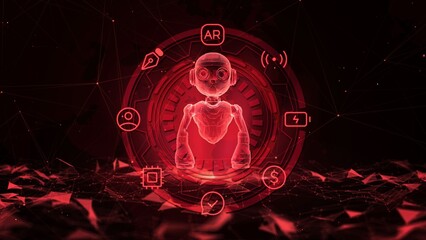 Futuristic Red Hologram of Humanoid Robot with Digital Interface and Abstract Background