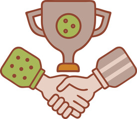 Outline sport logo style icon of pickleball paddle, ball, trophy and team handshake.