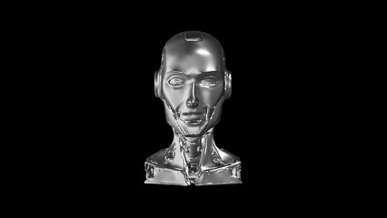Futuristic Metallic Robot Head with Reflective Surface and Black Background